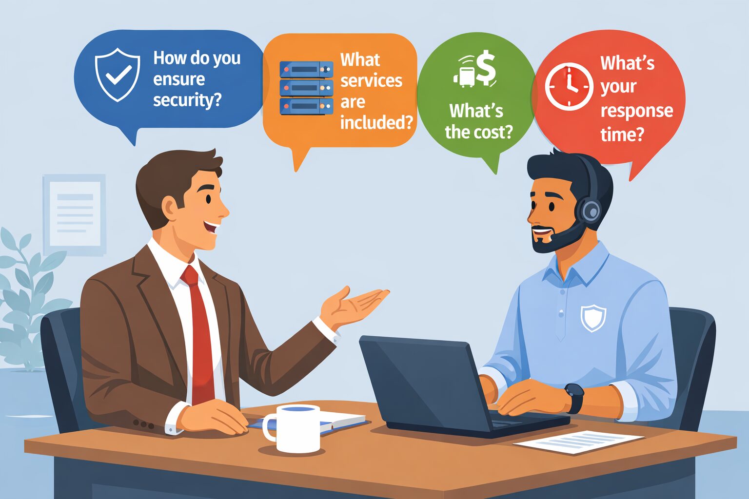 Business owner and IT consultant discussing key managed services questions.