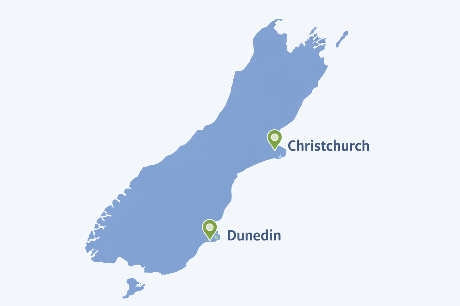 Map showing local managed IT support presence in Christchurch and Dunedin, New Zealand.