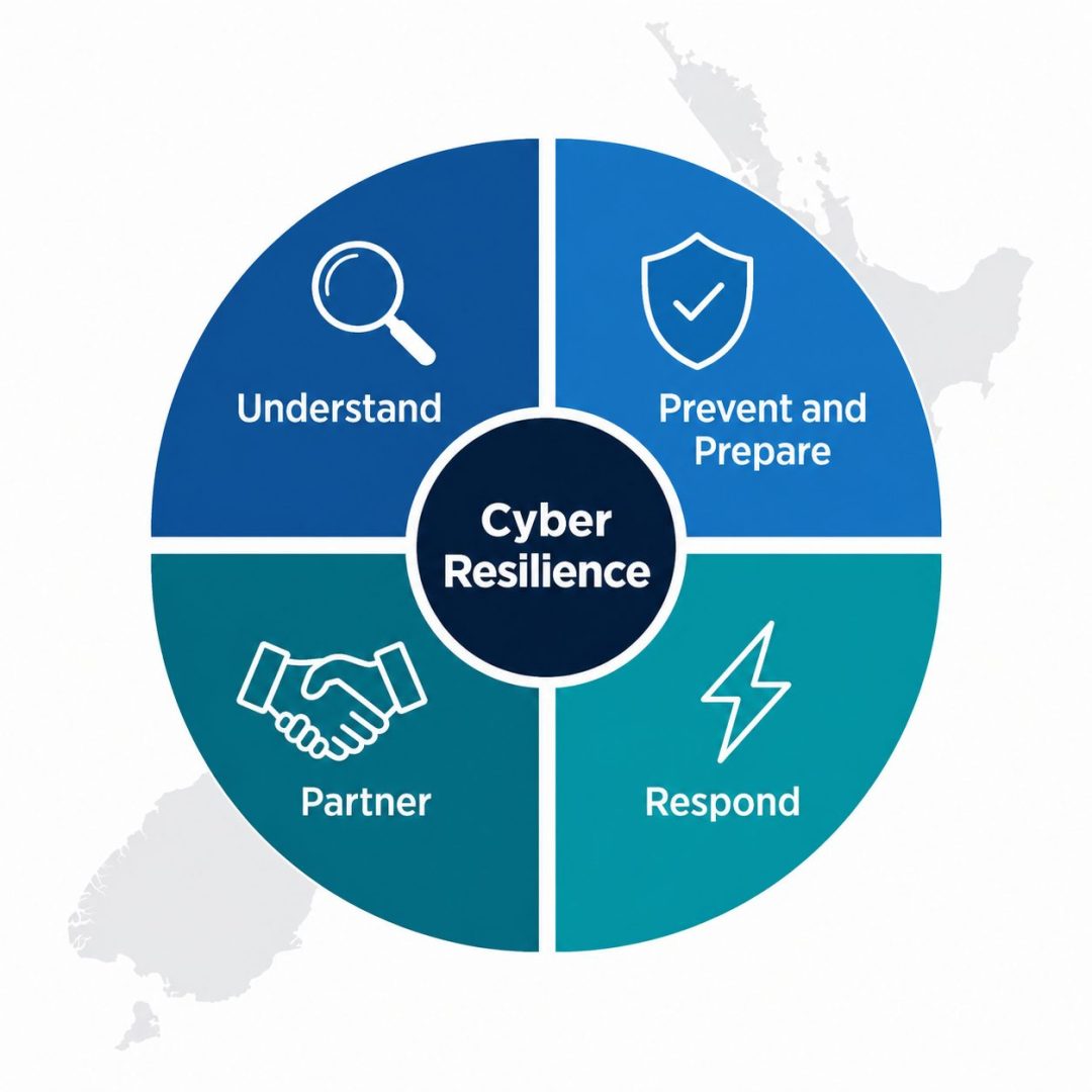 NZ Cyber Security Strategy 2026-2030 framework -- flat vector wheel diagram showing Understand, Prevent and Prepare, Respond, and Partner objectives for cyber resilience