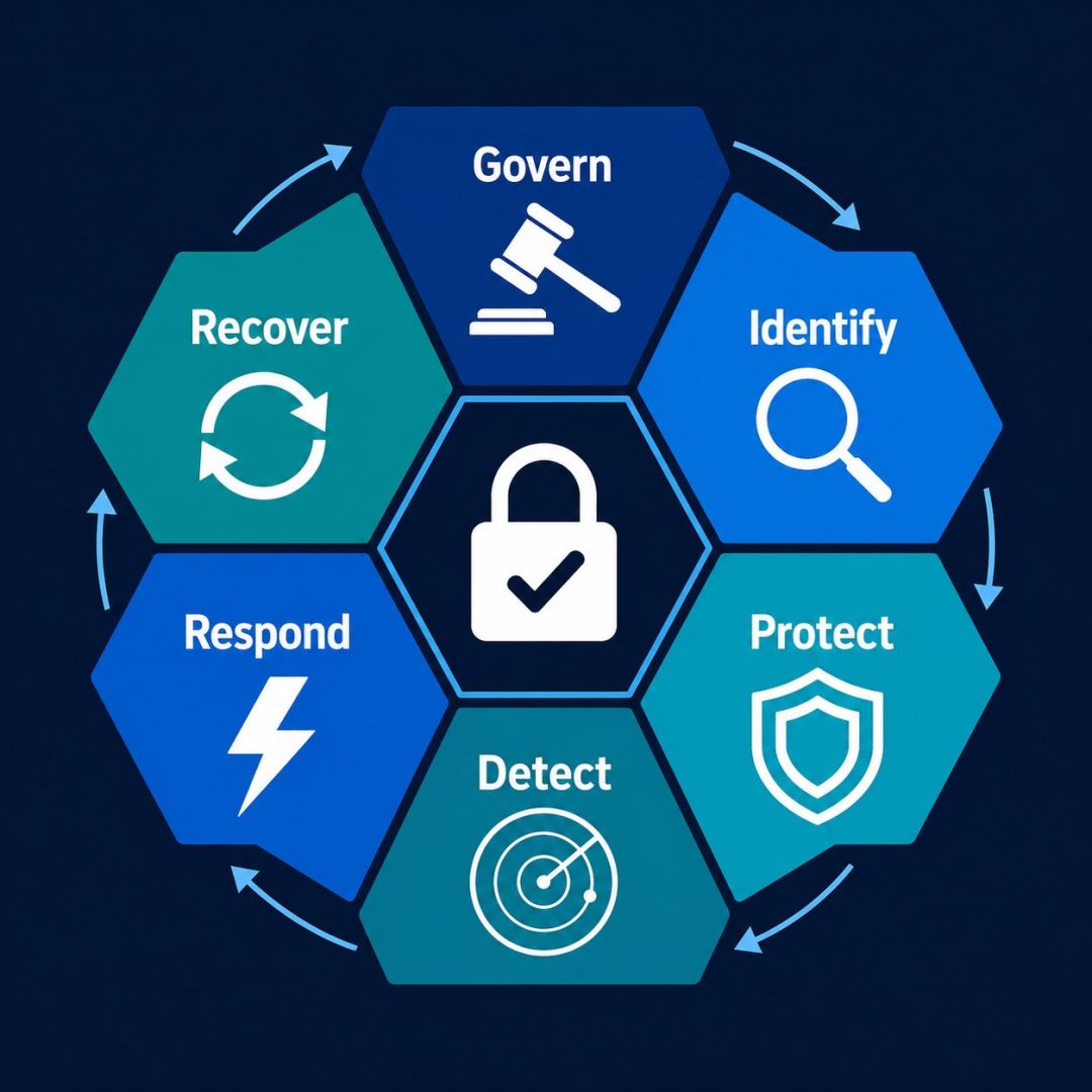Six elements of cyber resilience framework -- flat vector hexagon diagram showing Govern, Identify, Protect, Detect, Respond, Recover cycle for NZ businesses