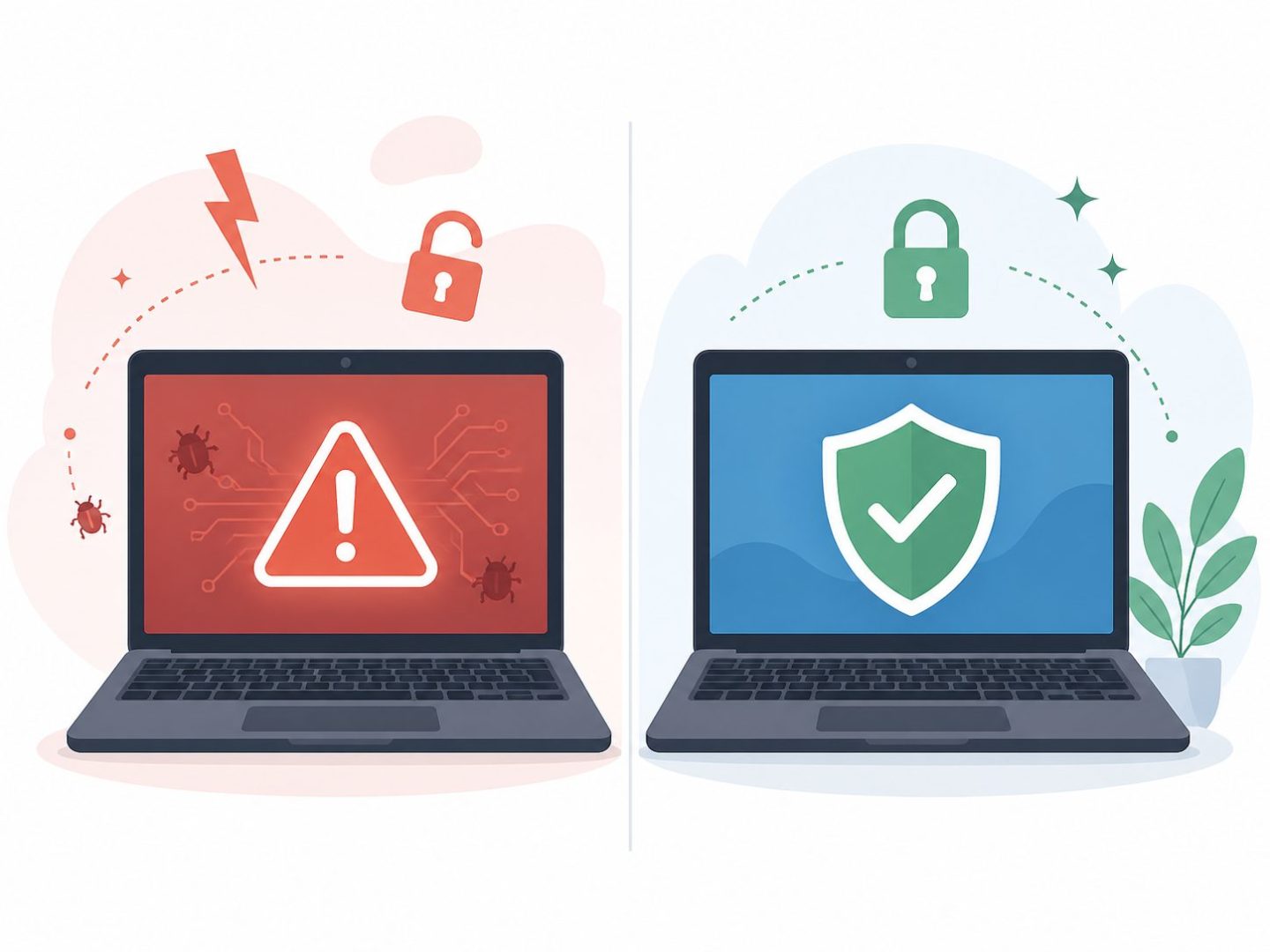 Endpoint security comparison -- flat vector showing unprotected vs protected business device.