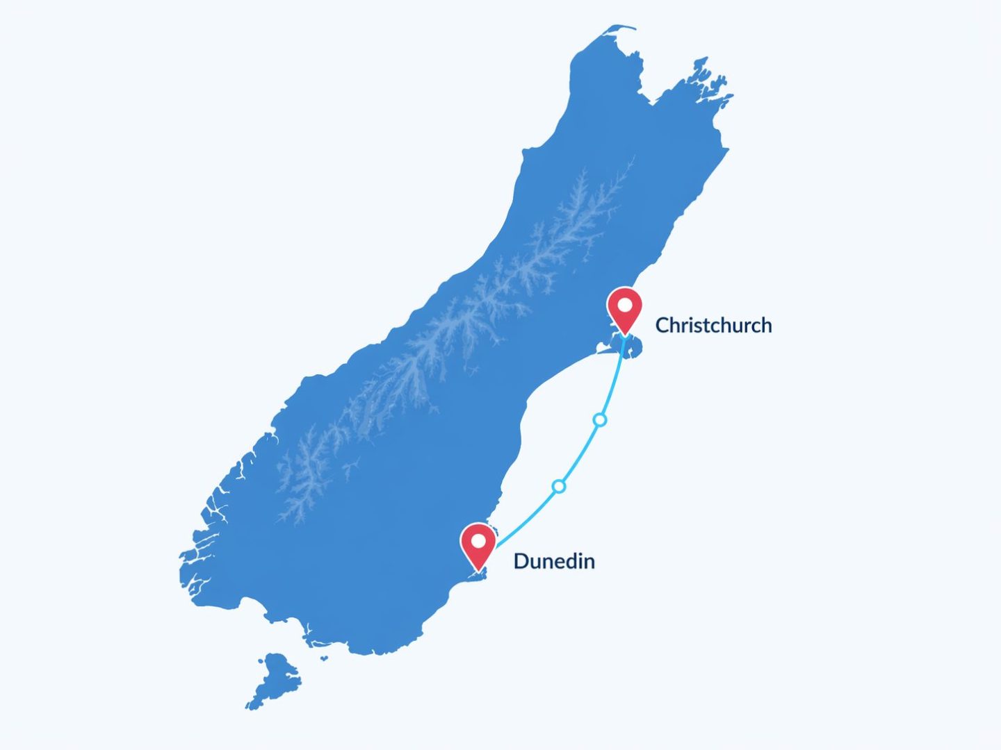 South Island IT support coverage -- flat vector map showing Christchurch and Dunedin connection