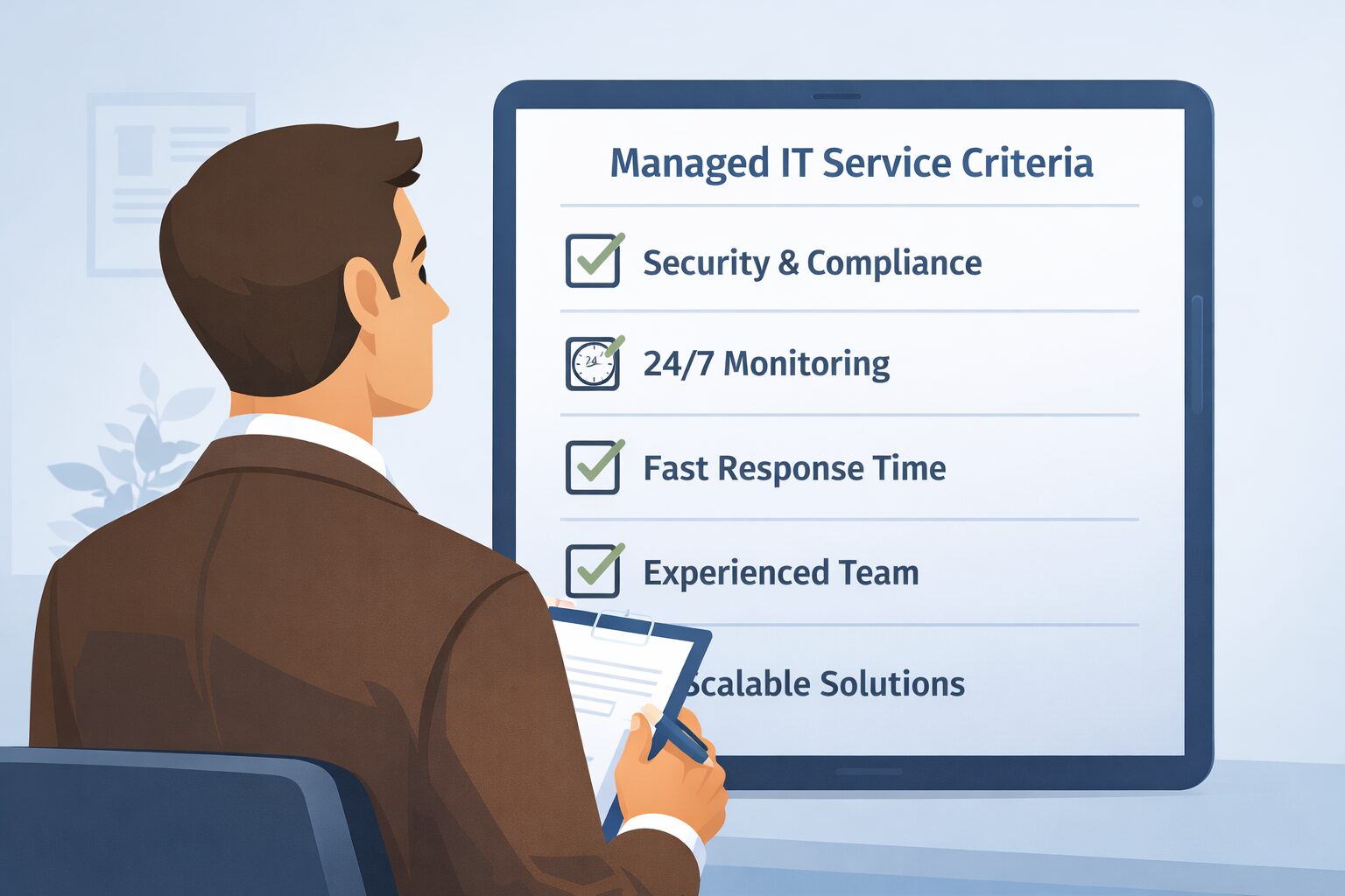Business professional evaluating managed IT service criteria on a digital checklist