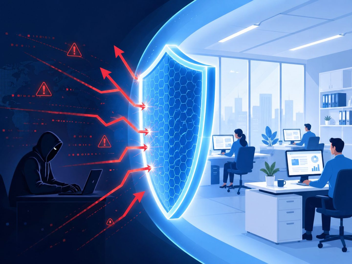 Network security threat blocked -- flat vector of cyber attacker stopped by business firewall