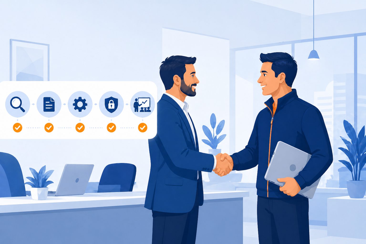 Outsourced IT onboarding checklist showing discovery, documentation, and transition steps