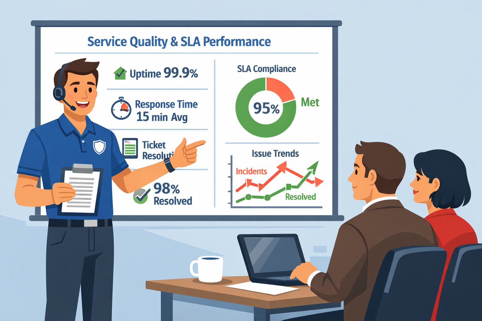 Managed IT provider presenting service quality metrics and SLA performance to business clients