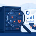Vulnerability management scanning: flat vector of IT technician identifying security weaknesses in business systems.