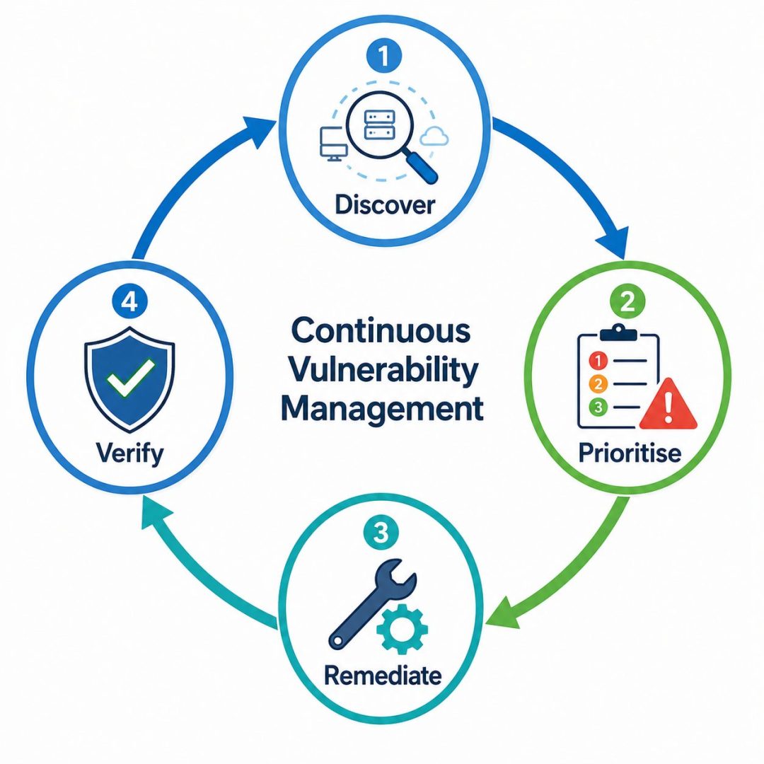 Vulnerability management lifecycle: flat vector diagram showing discover, prioritise, remediate and verify cycle.