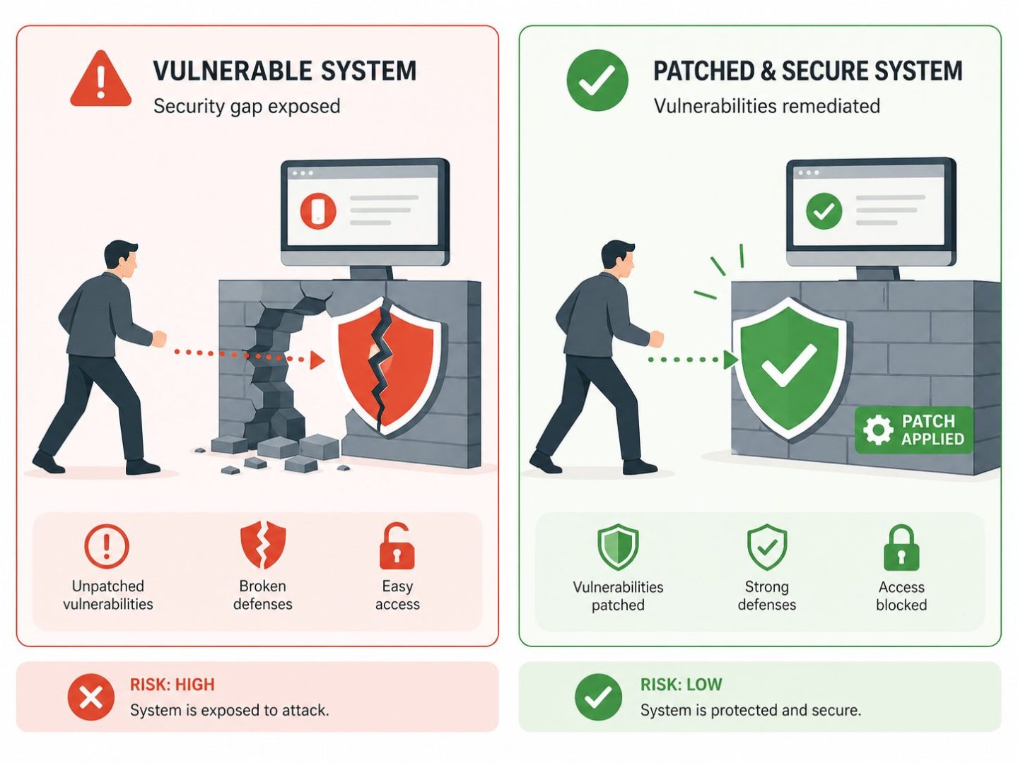 Vulnerability patching protection: flat vector showing unpatched system exposed vs patched system blocking attack.