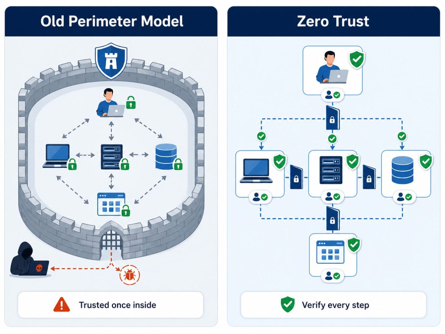 Zero trust vs perimeter security -- flat vector comparison of traditional and zero trust security models
