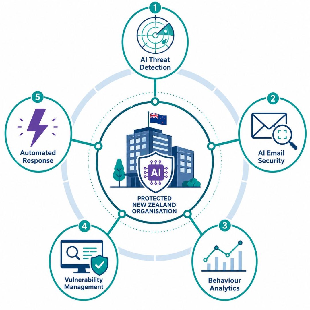 AI cybersecurity defensive capabilities -- flat vector radar diagram showing five AI-powered protection layers for NZ businesses including threat detection email security and automated response