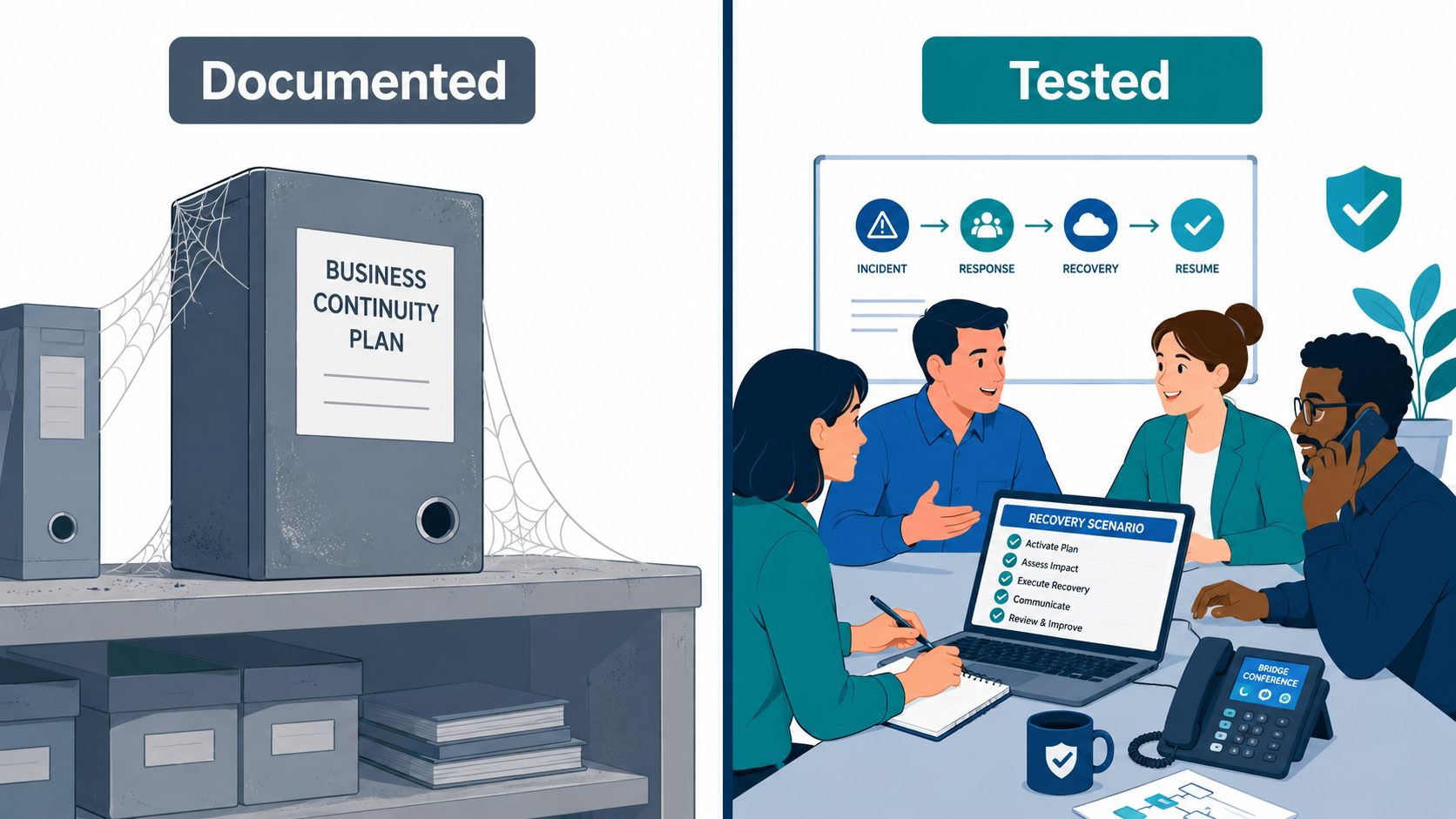 Business continuity plan tested versus documented -- flat vector comparison showing untested plan on shelf versus active team exercising recovery procedures