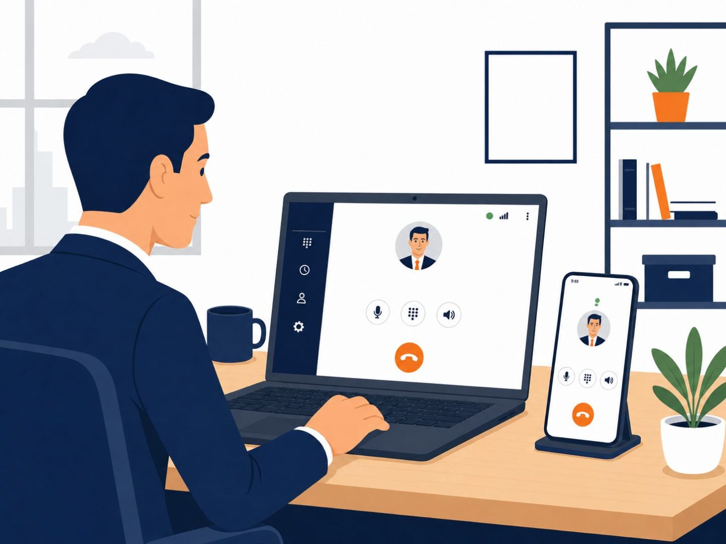 Business phone systems NZ -- flat vector showing modern cloud business phone system on laptop and mobile for any-device calling