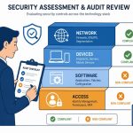 Business security audit: flat vector of auditor reviewing network, device, software, and access controls.