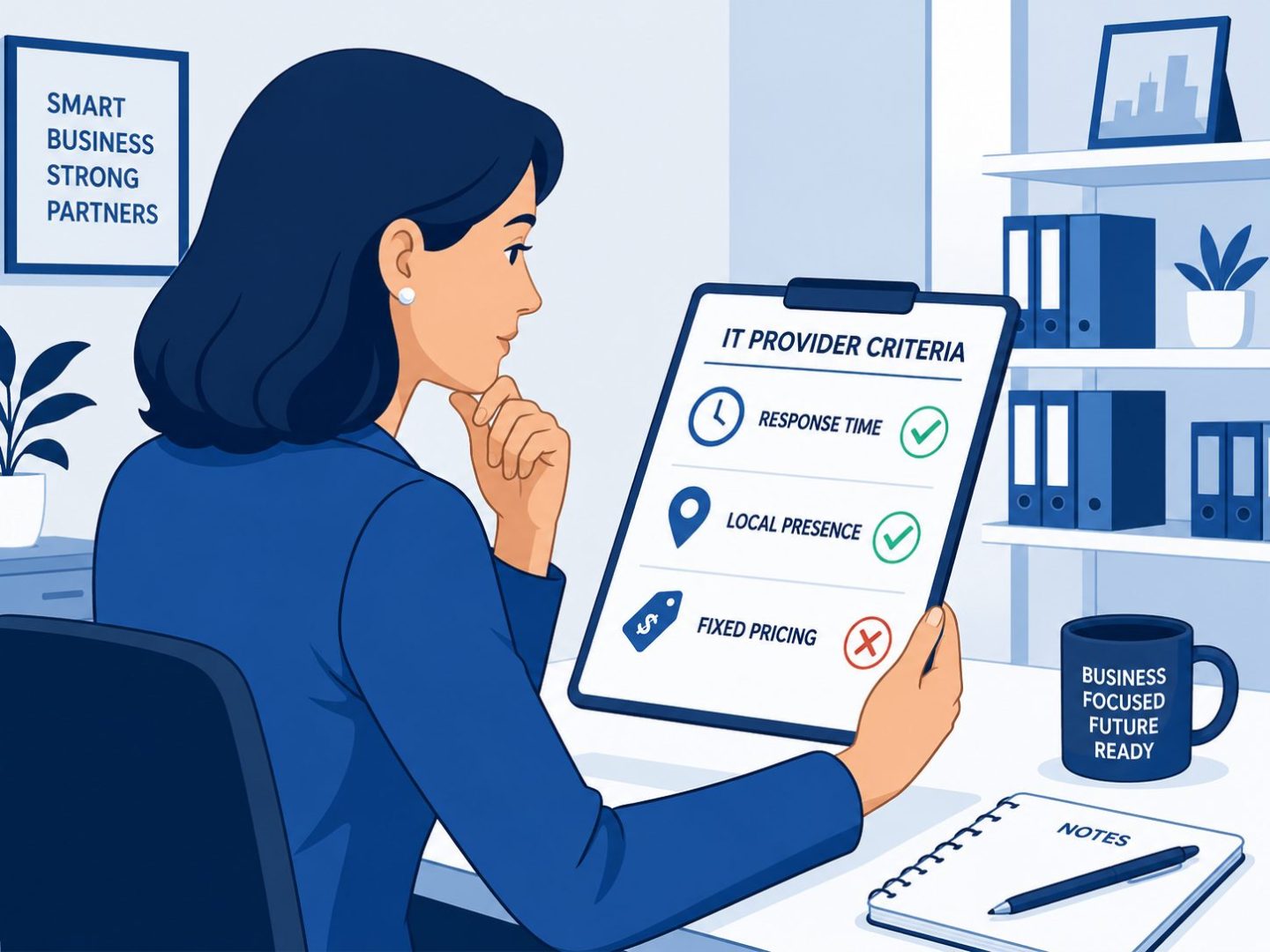 Choosing IT companies Christchurch -- flat vector of business owner reviewing IT provider checklist