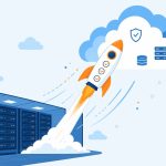 Cloud migration for NZ businesses: flat vector of business data launching from server room to cloud.