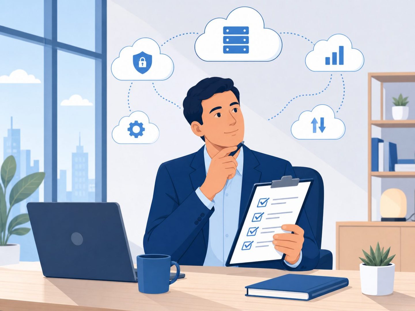 Cloud migration readiness checklist: flat vector of NZ business owner preparing for cloud move.