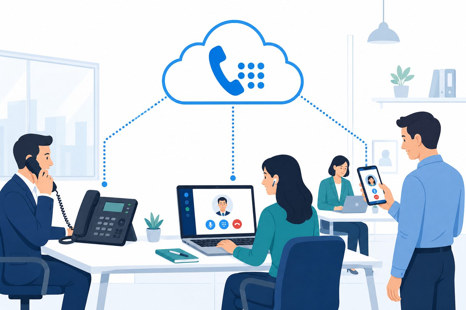 Cloud phone system across devices: flat vector of staff using desk phone, softphone, and mobile app through cloud PBX.