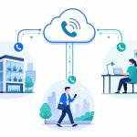 Cloud phone system for business: flat vector of cloud hub connecting office, remote, and mobile staff calls.