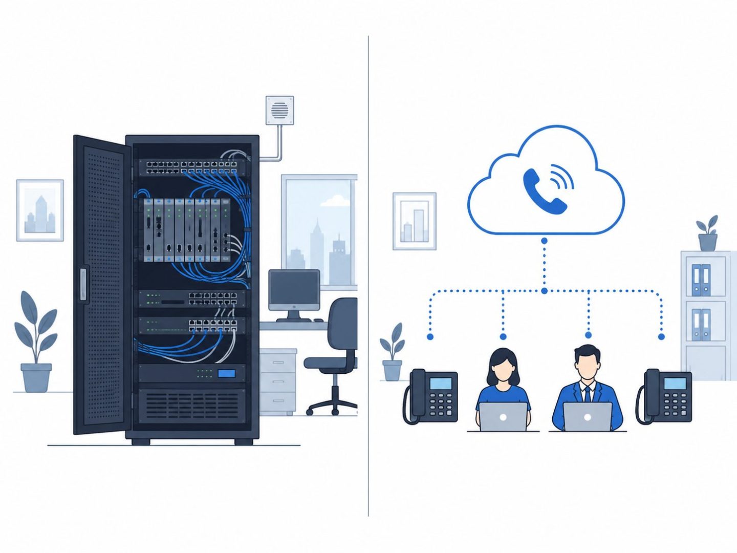 Cloud phone system vs on-premises PBX: flat vector comparing traditional hardware and cloud-hosted business phone setup.