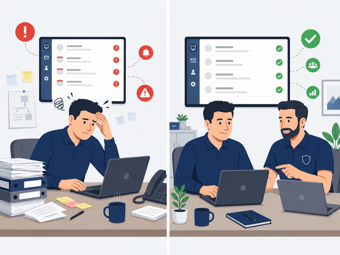 Co-managed IT vs solo IT -- flat vector comparison showing overwhelmed internal IT versus supported co-managed model