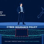 Cyber insurance policy gap -- flat vector of NZ business owner standing on insurance platform with safety net showing coverage gap underneath