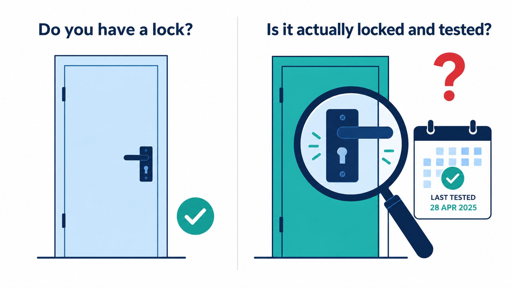 Cyber insurance underwriting shift -- flat vector two-panel showing old question of having a lock versus new question of whether lock is tested and working for NZ businesses