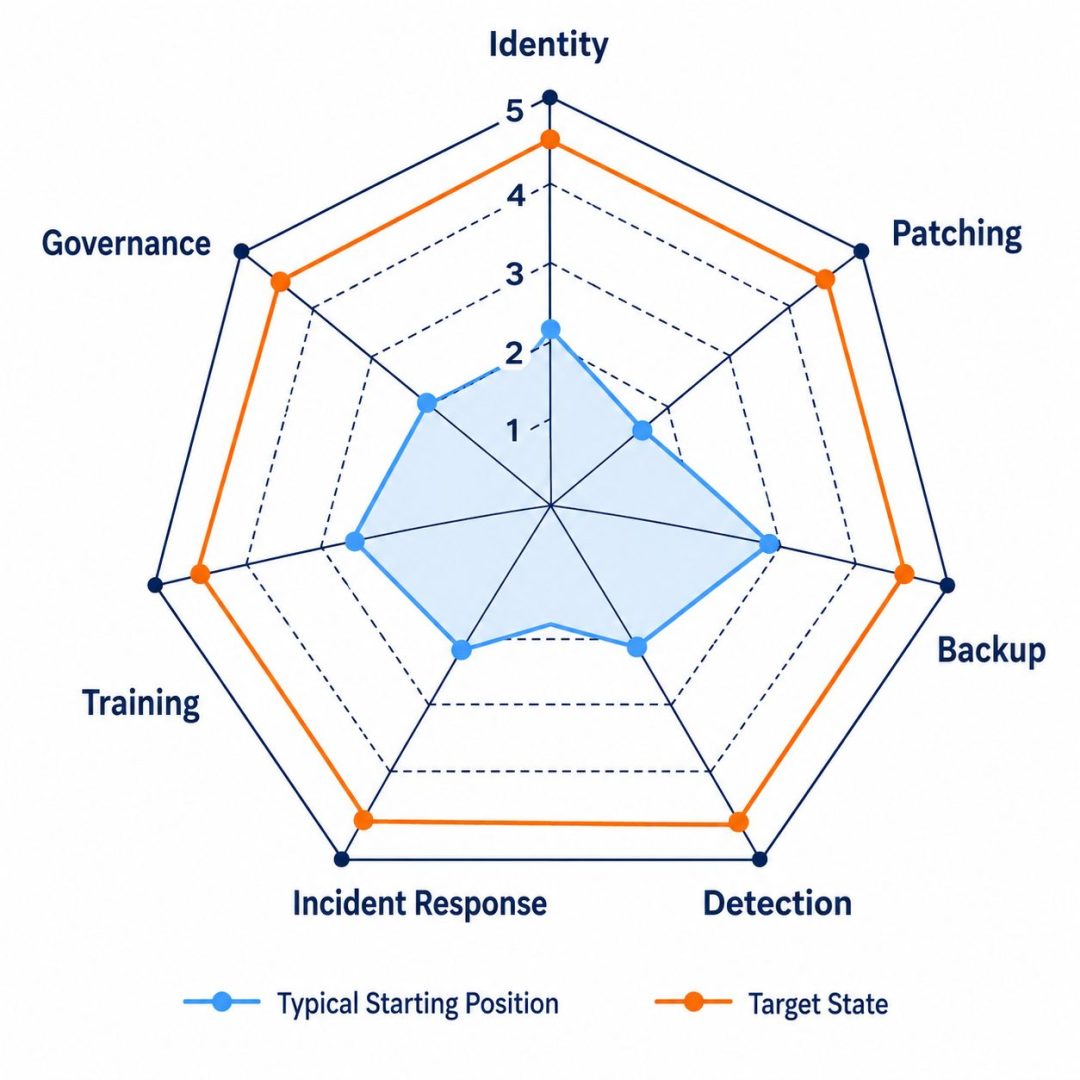 Cyber readiness assessment radar chart -- flat vector spider diagram showing seven pillar maturity levels with gap between current and target state