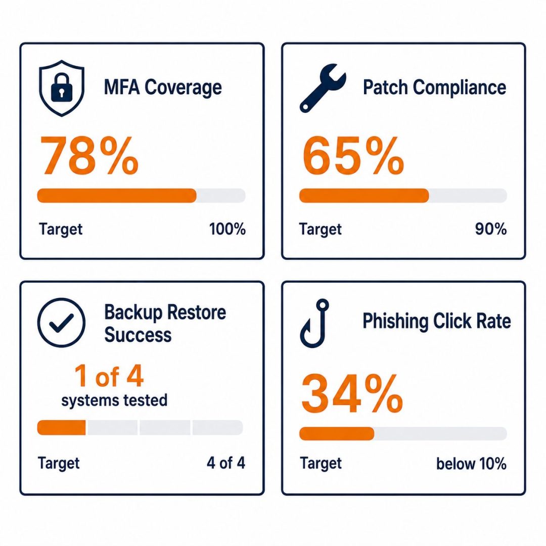 Cyber readiness baseline metrics dashboard -- flat vector showing MFA coverage patch compliance backup restore success and phishing click rate tracking cards