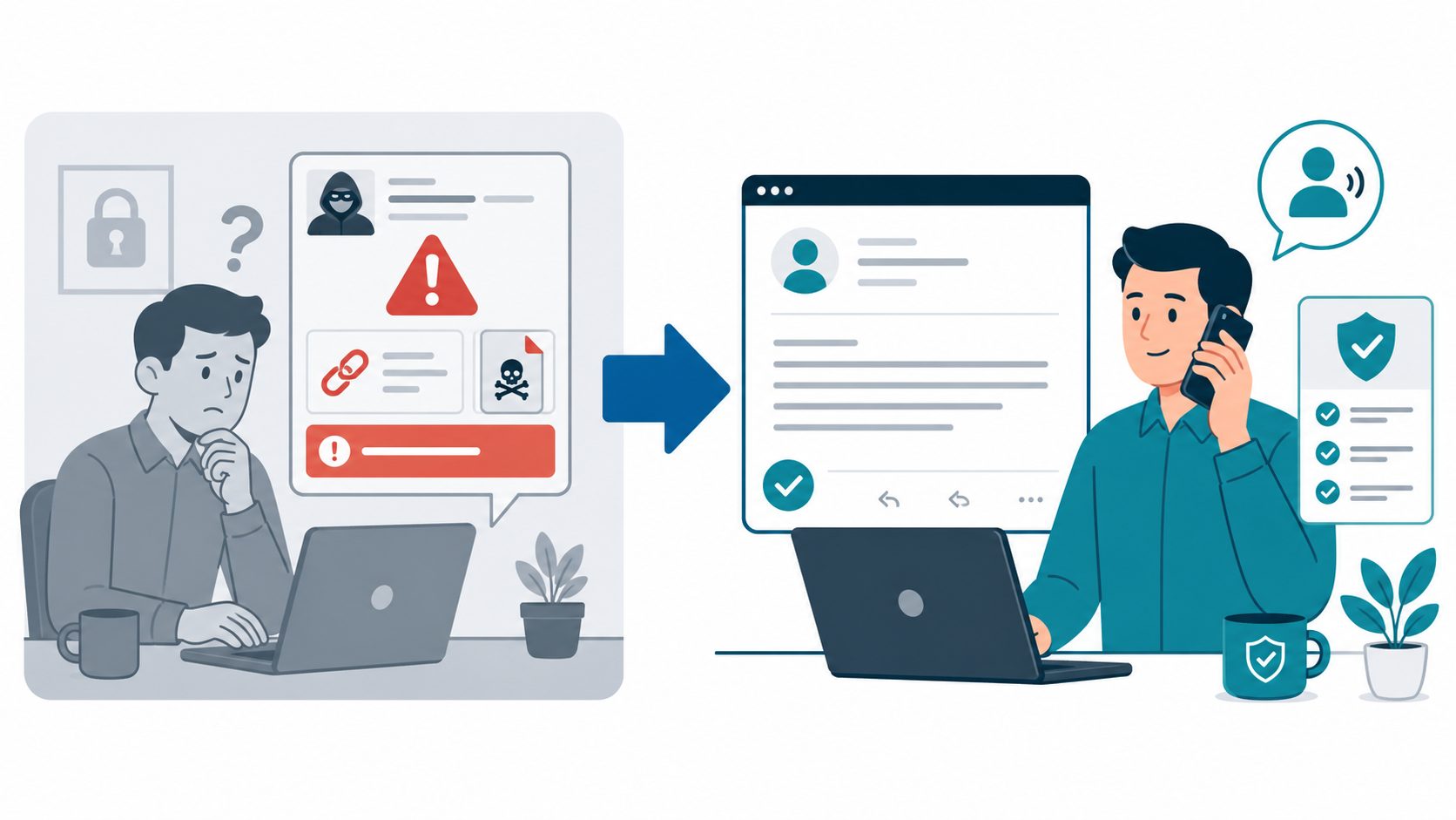 Cybersecurity training evolution -- flat vector comparison of old phishing recognition approach versus 2026 AI-aware verification protocol training