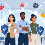 Cybersecurity training for employees -- flat vector of trained NZ business staff deflecting AI-powered cyber threats as confident defenders