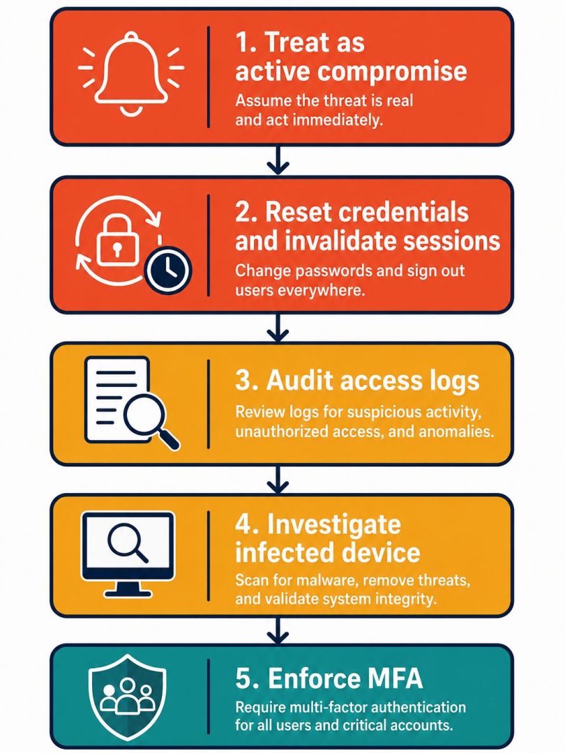 Dark web monitoring alert response protocol -- flat vector flowchart showing five steps from active compromise through credential reset device investigation to MFA enforcement