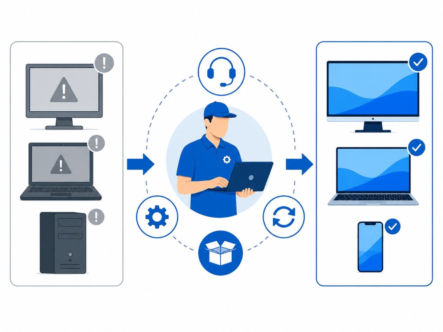 Device as a Service refresh cycle: flat vector of business swapping end-of-life hardware through managed DaaS provider.