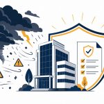 Disaster recovery plan for business: flat vector of company protected by recovery shield against incoming threat.