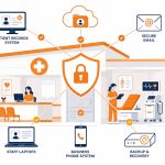 Healthcare IT security: flat vector of clinic with connected devices and data protection shield.