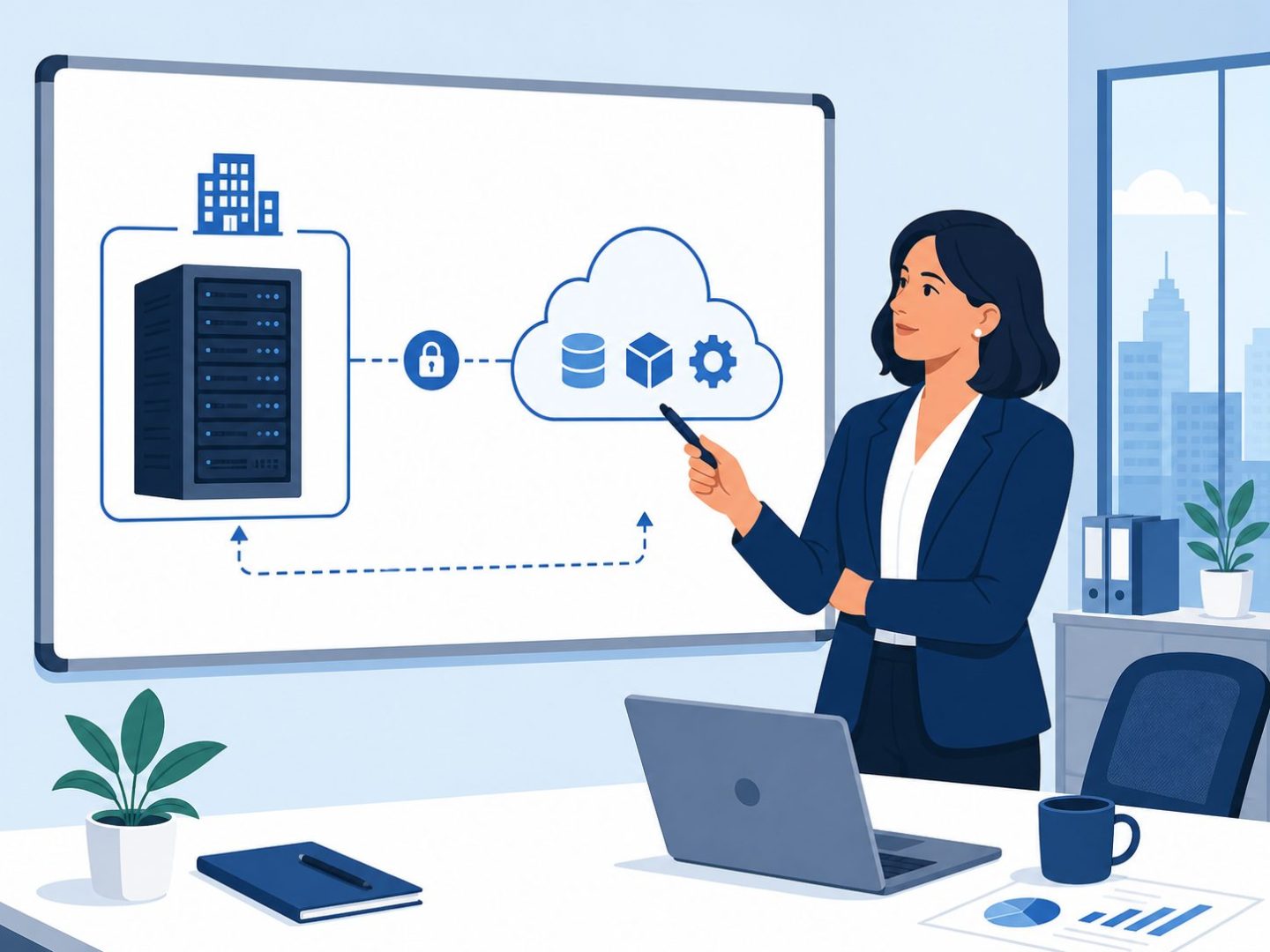 Hybrid cloud architecture planning: flat vector of business owner reviewing cloud infrastructure diagram.