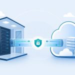 Hybrid cloud for business: flat vector of on-premises server and cloud connected by secure data bridge.