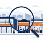 IT companies Christchurch -- flat vector of local Christchurch skyline with IT provider selection magnifying glass
