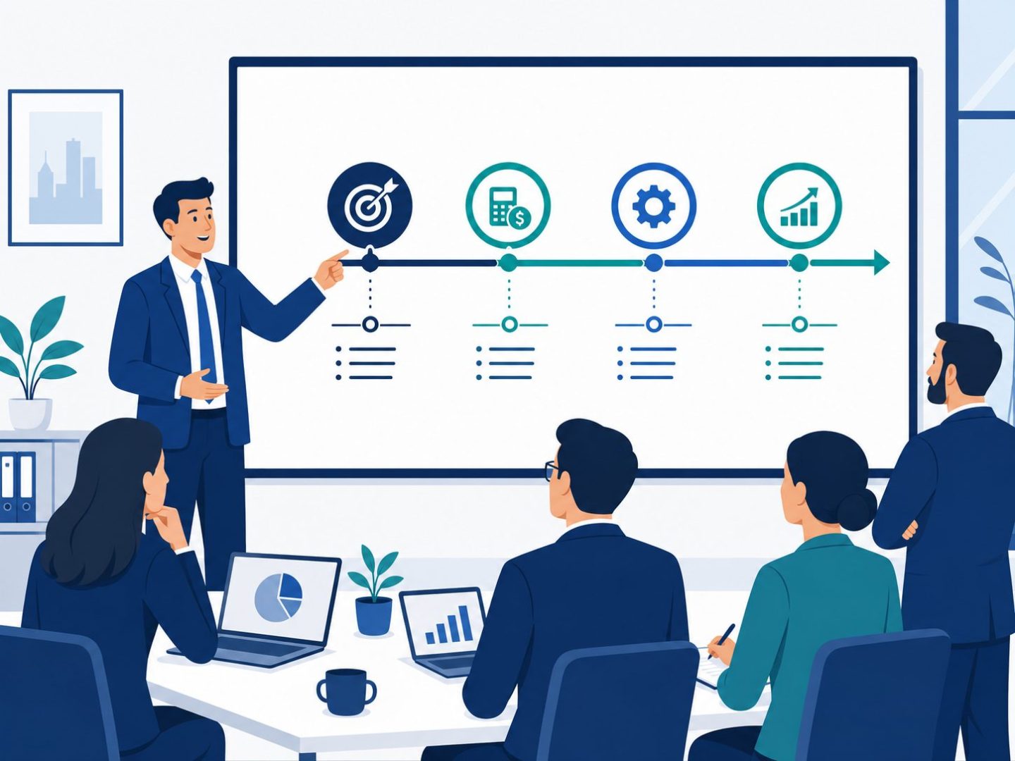 Strategic IT consulting NZ -- flat vector of consultant presenting technology roadmap and IT strategy to business leaders