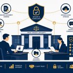 IT for professional services: flat vector of law firm with secure document flows and compliance protection.