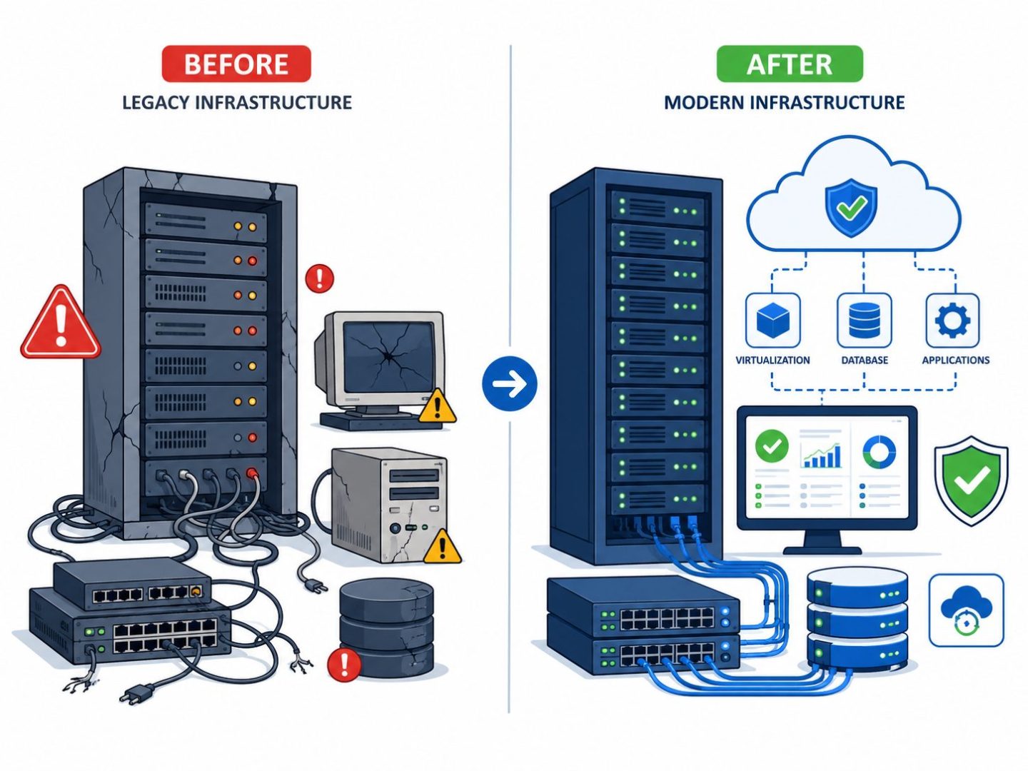 IT infrastructure before and after upgrade: flat vector comparing outdated and modern business systems.