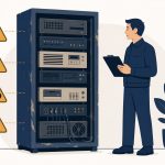 IT infrastructure upgrade signs: flat vector of outdated server rack with warning indicators.