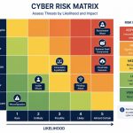 IT risk management matrix: flat vector of business threat likelihood and impact risk assessment grid.