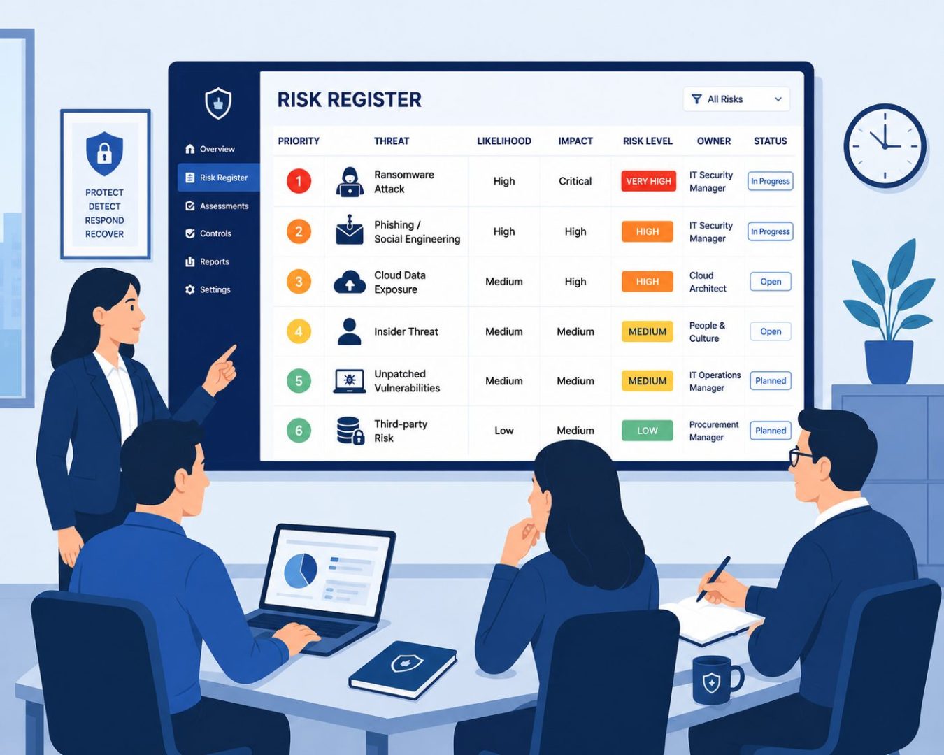 IT risk register review: flat vector of business team assessing prioritised cyber threats on screen.