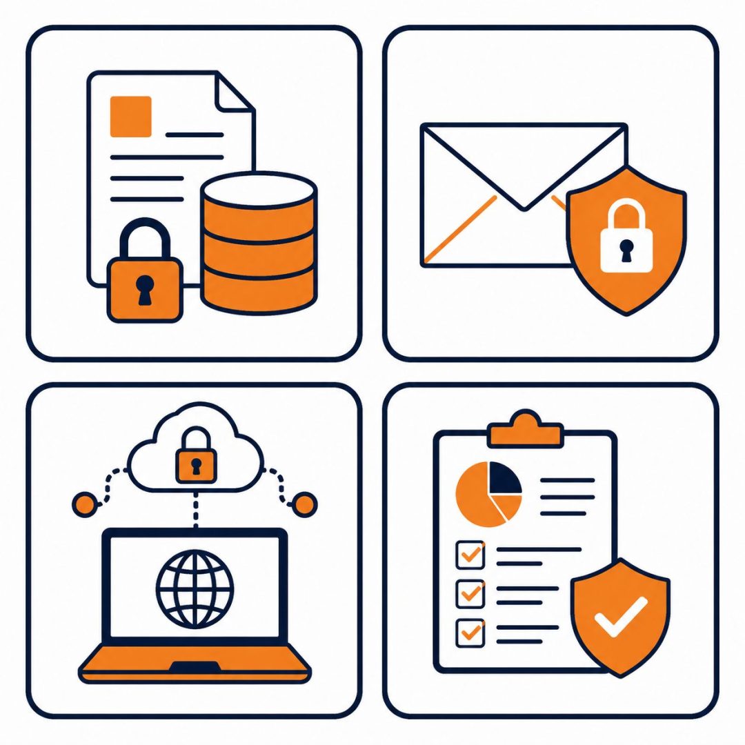 IT risks for professional services: flat vector icon grid of client data, email security, and compliance challenges.