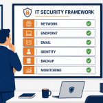 IT security framework -- flat vector of business professional reviewing six-layer IT security protection model