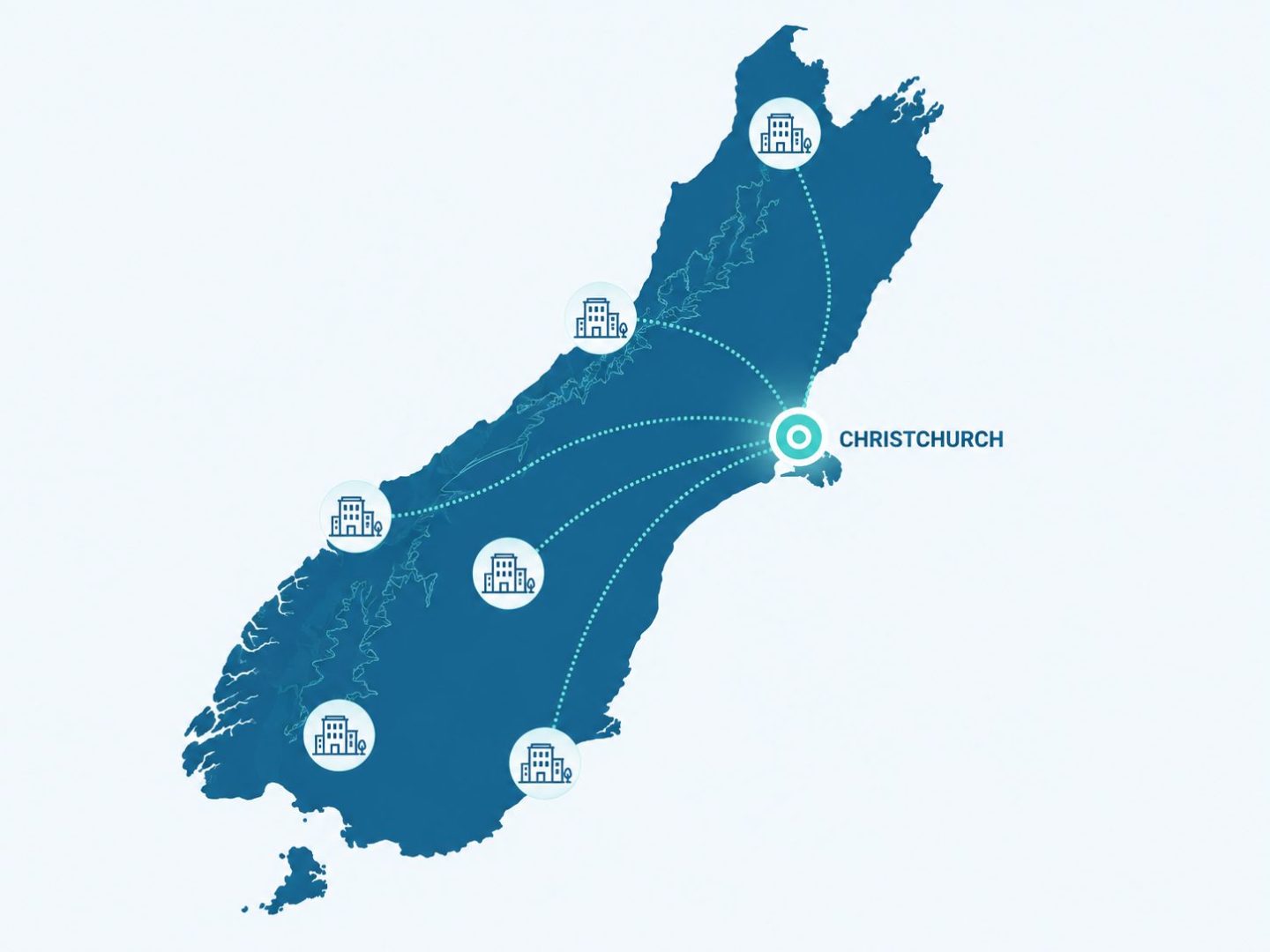 IT services Christchurch coverage -- flat vector South Island map with Christchurch IT connections