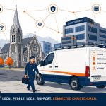 Managed IT services Christchurch -- flat vector of local IT provider with Christchurch business district background