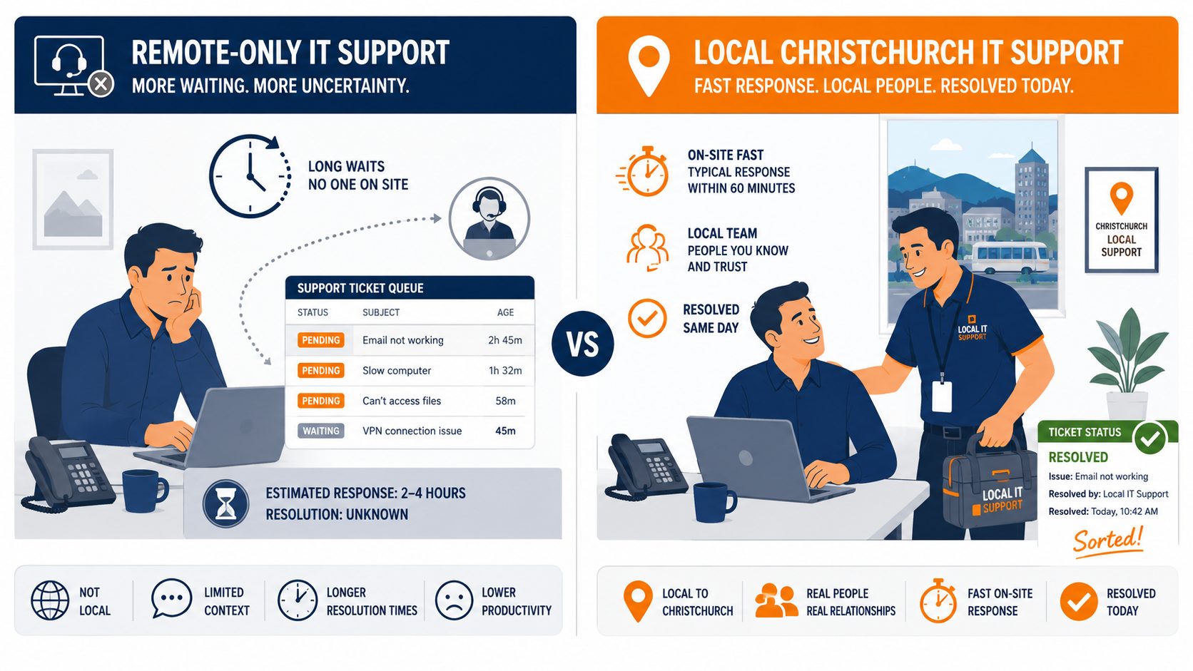 Managed IT services Christchurch local vs remote -- flat vector showing advantage of on-site IT support