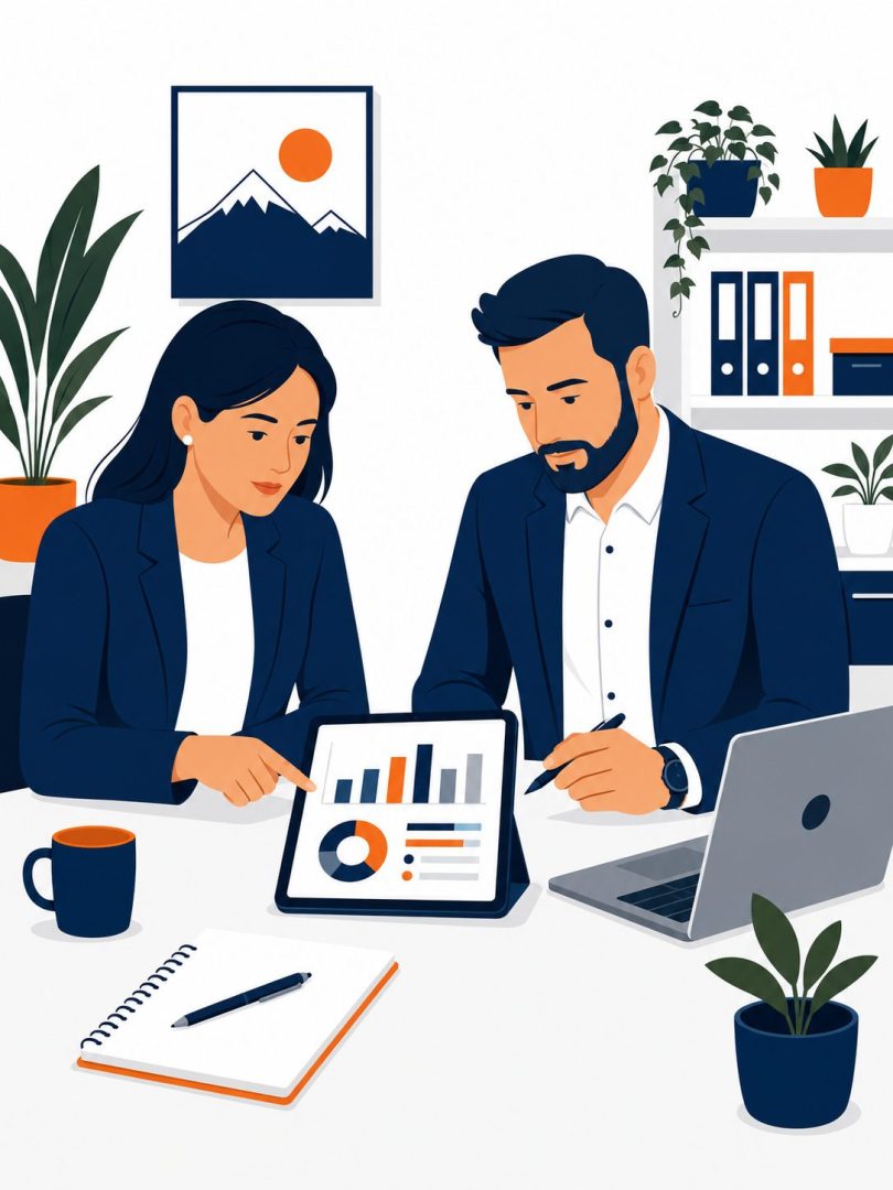 Managed IT services quarterly business review NZ -- flat vector of IT consultant presenting report to NZ business owner in collaborative office meeting